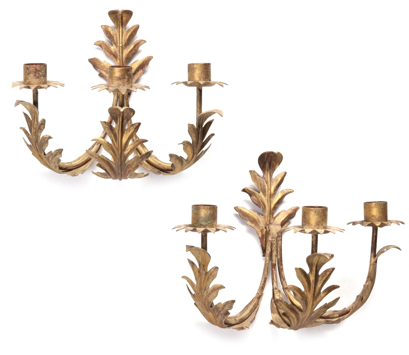 A PAIR 20TH CENTURY GILT METAL PALMETTE SCONCES