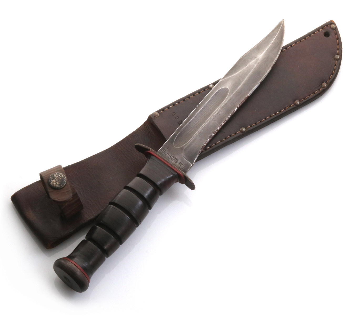 TWO US MILITARY FIGHTING KNIVES WITH LEATHER SHEATHS