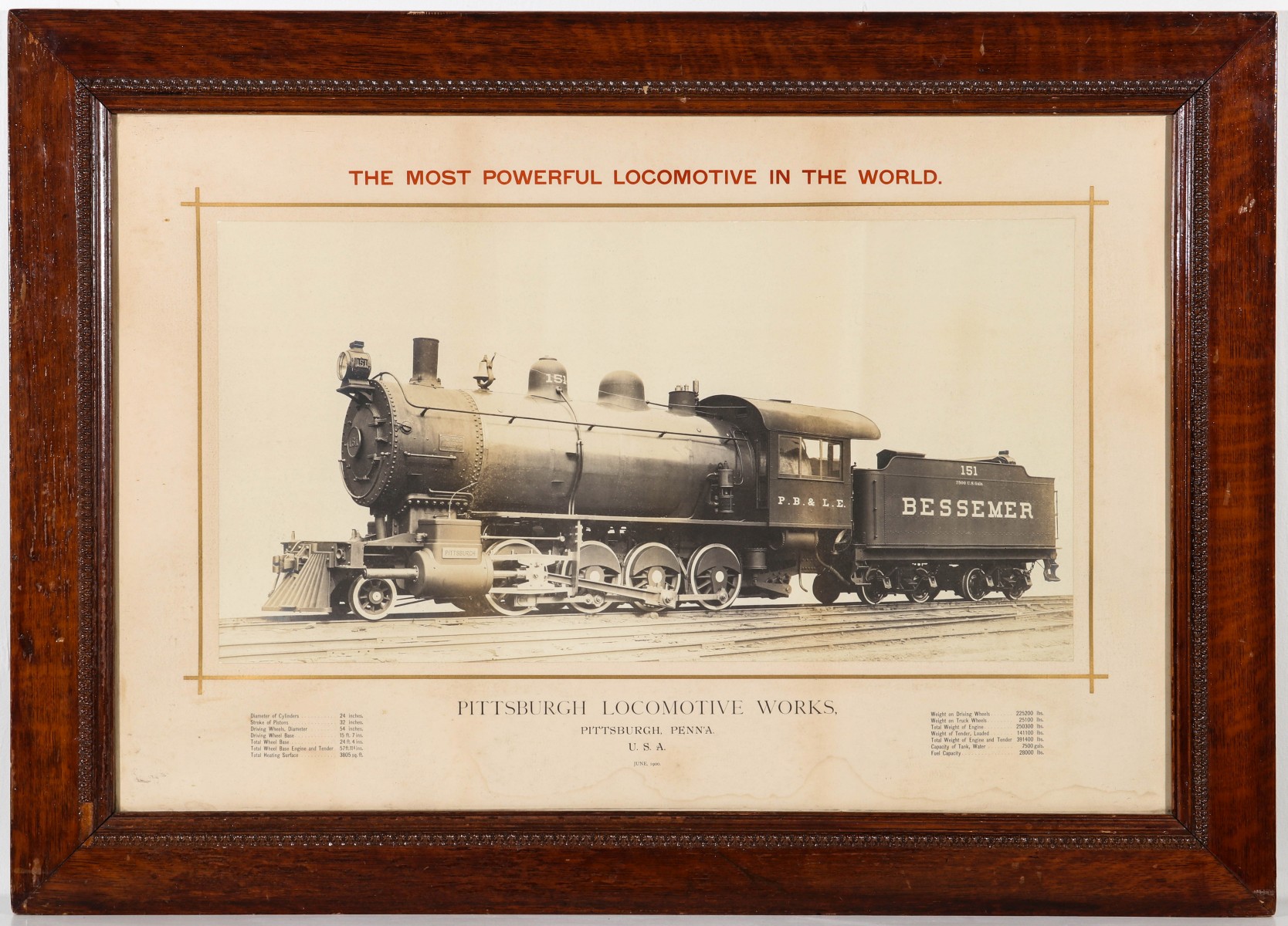 A PITTSBURGH LOCOMOTIVE WORKS BUILDER PHOTO DATED 1900