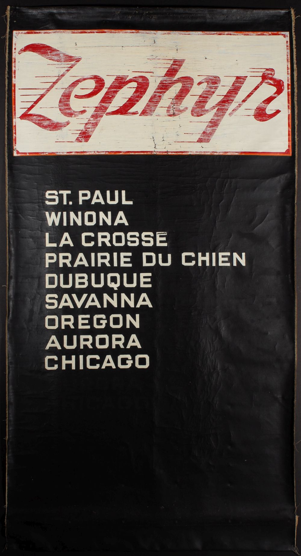 A PAINTED CANVAS GATE SIGN FOR THE C.B.&Q RR ZEPHYR