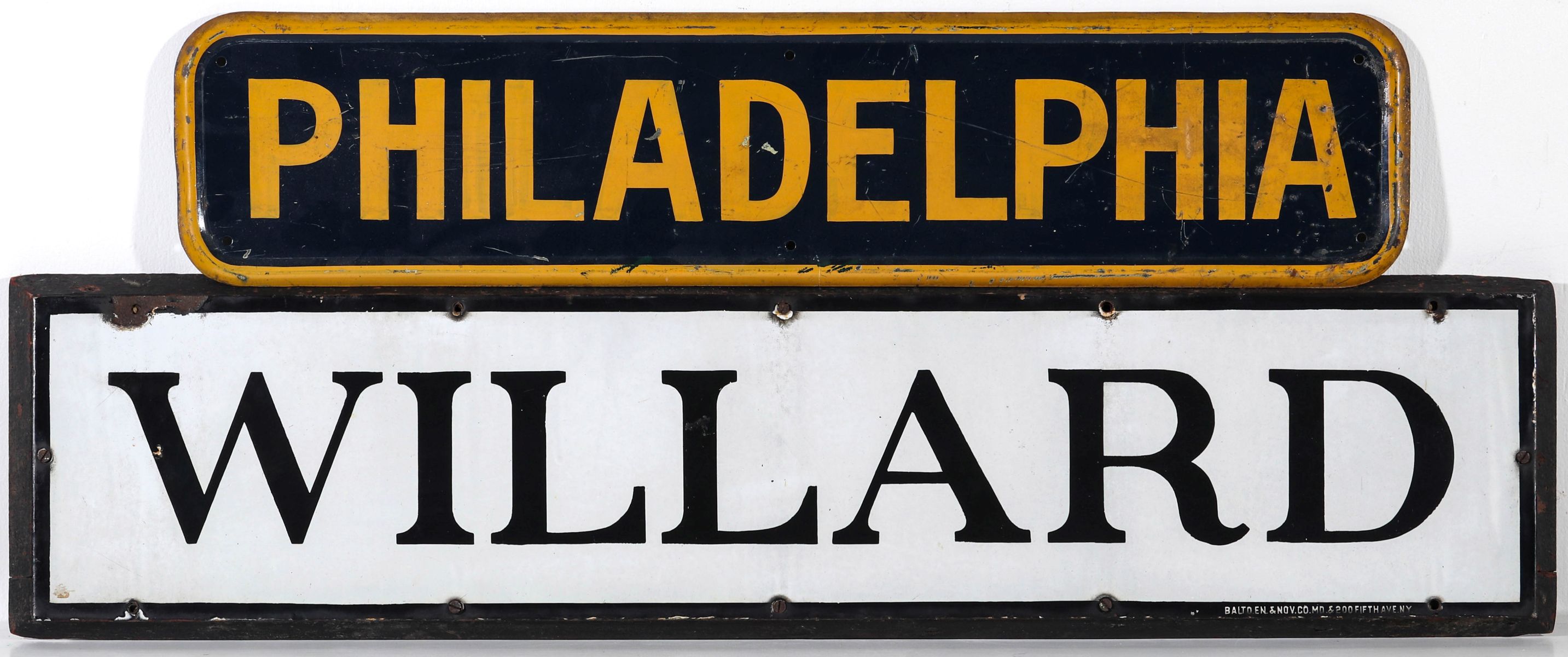 PORCELAIN SIGN FOR WILLARD, STEEL SIGN FOR PHILADELPHIA