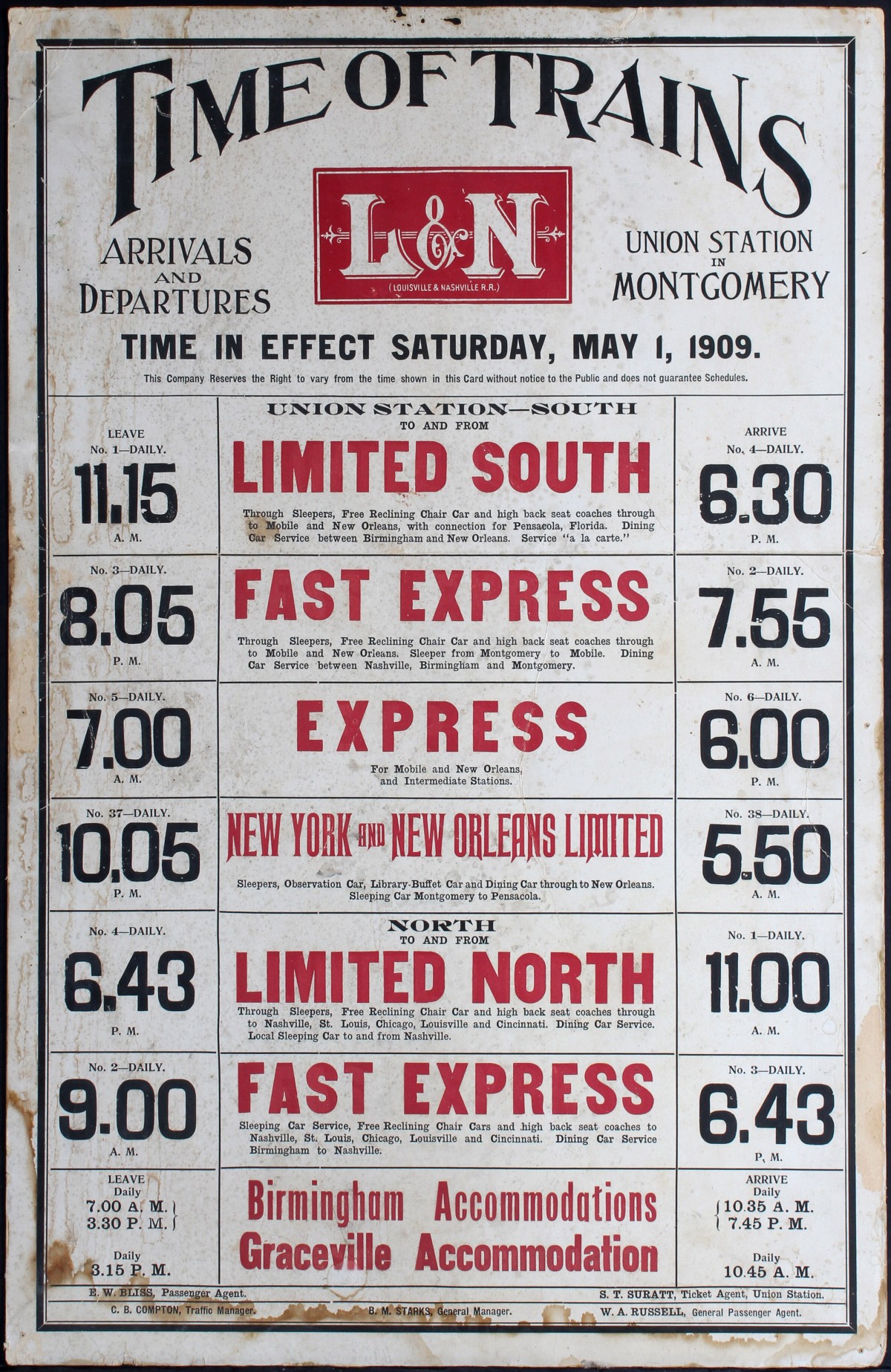 LOUISVILLE & NASHVILLE RAILROAD SIGN AND TIMETABLE