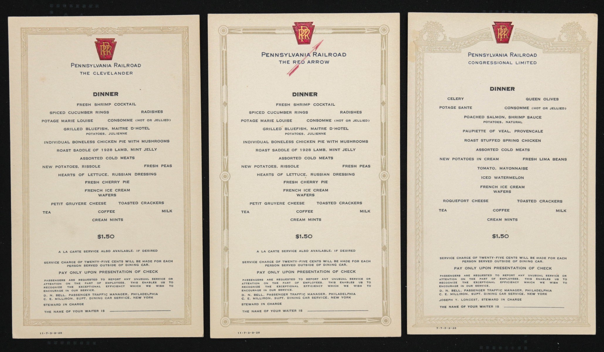 A COLLECTION OF P.R.R. MENUS, TIME TABLES AND BROCHURES