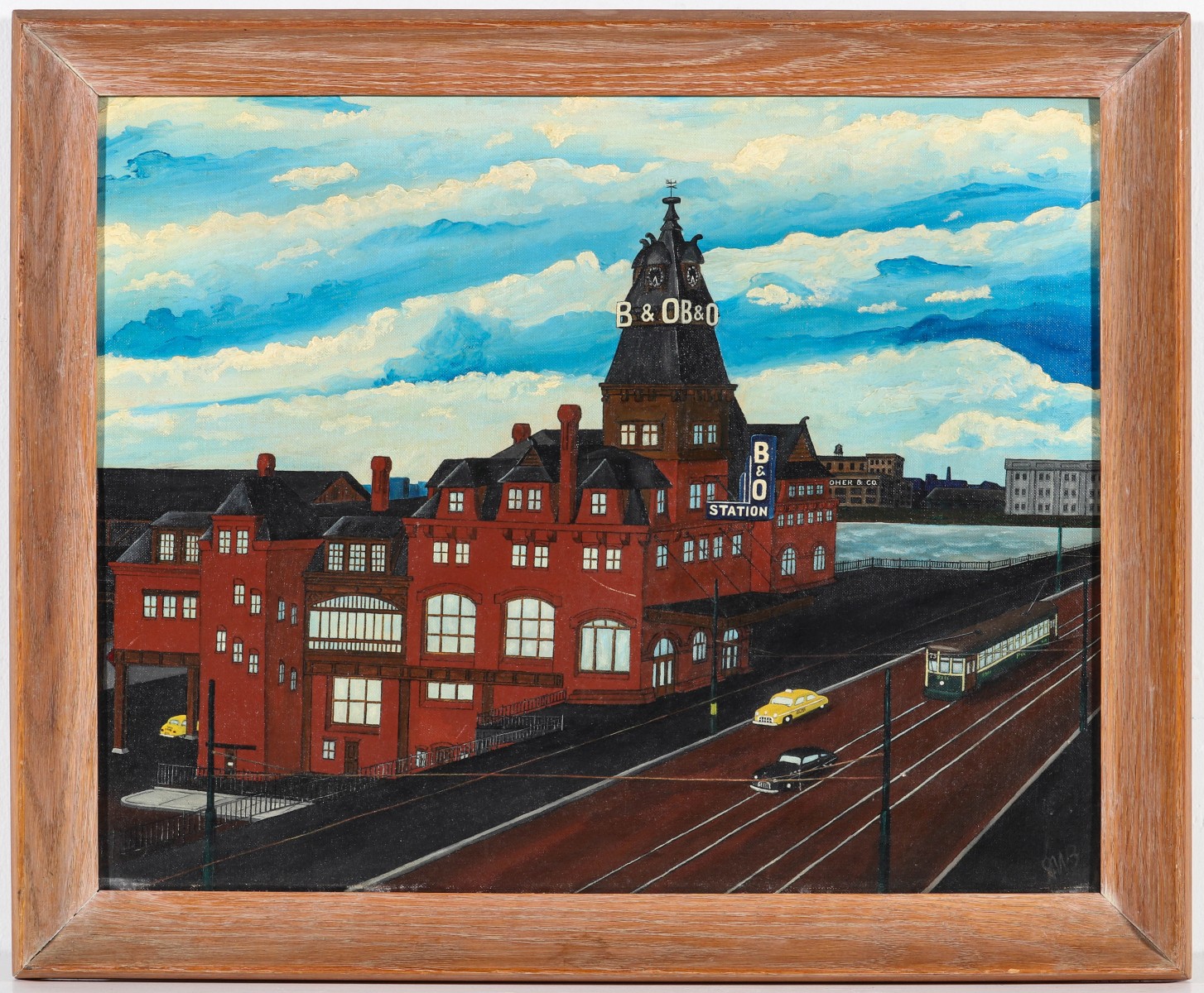 A CIRCA 1940s FOLK ART OIL PAINTING OF PHILLY B&O DEPOT