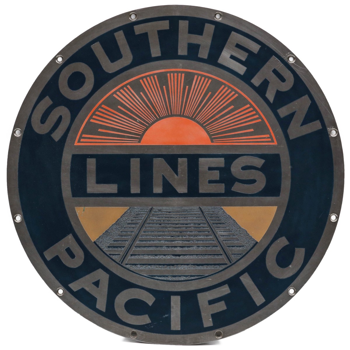 A PAINTED STAINLESS STEEL SOUTHERN PACIFIC LINE ENGINE SIGN