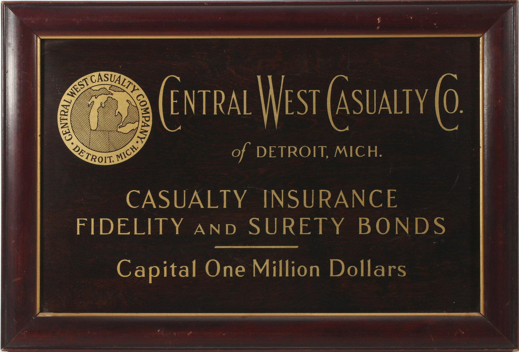 CENTRAL WEST CASUALTY COMPANY INSURANCE SIGN C. 1930