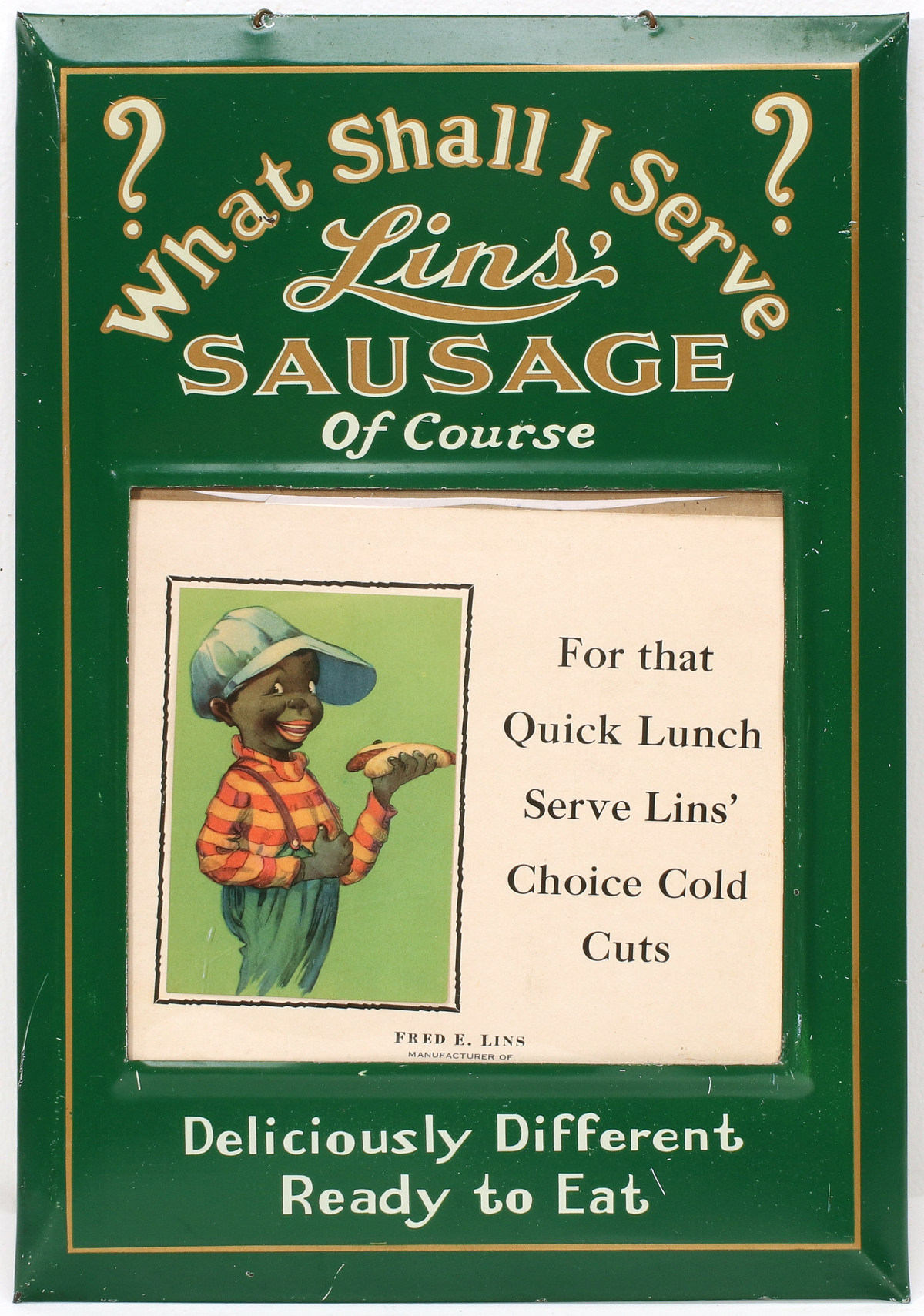 LIN'S SAUSAGE TIN LITHO SIGN WITH CHANGEABLE MESSAGE