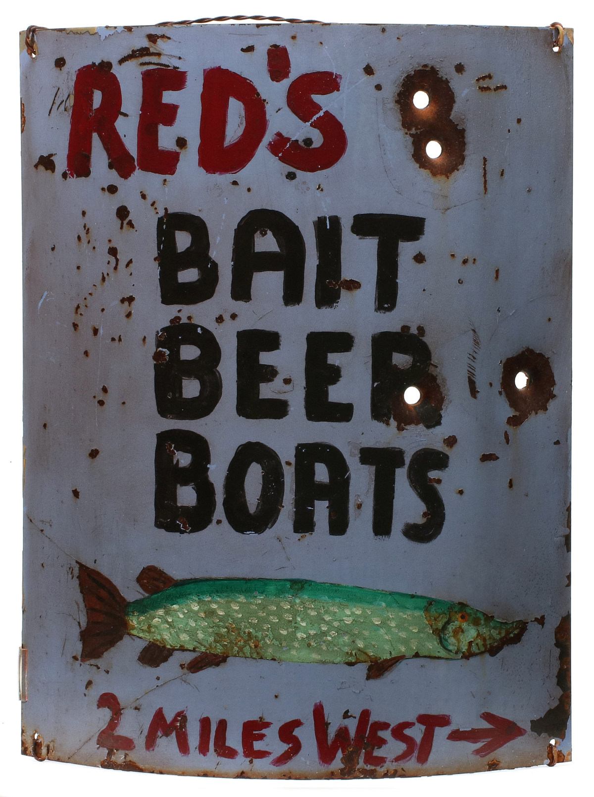 A FOLK ART PAINTED SHEET METAL BAIT SHOP SIGN WITH PIKE