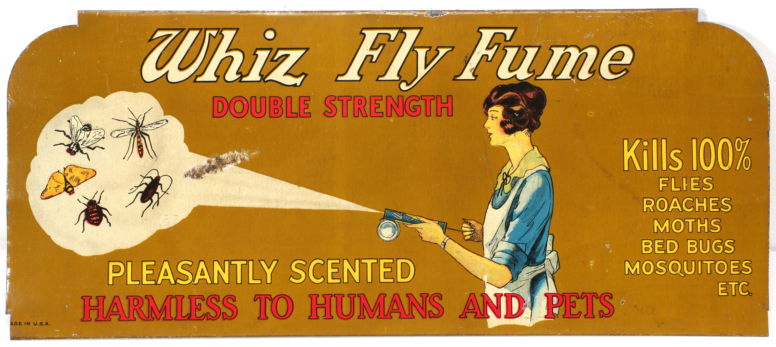A LITHOGRAPHED TIN SIGN FOR WHIZ FLY FUME