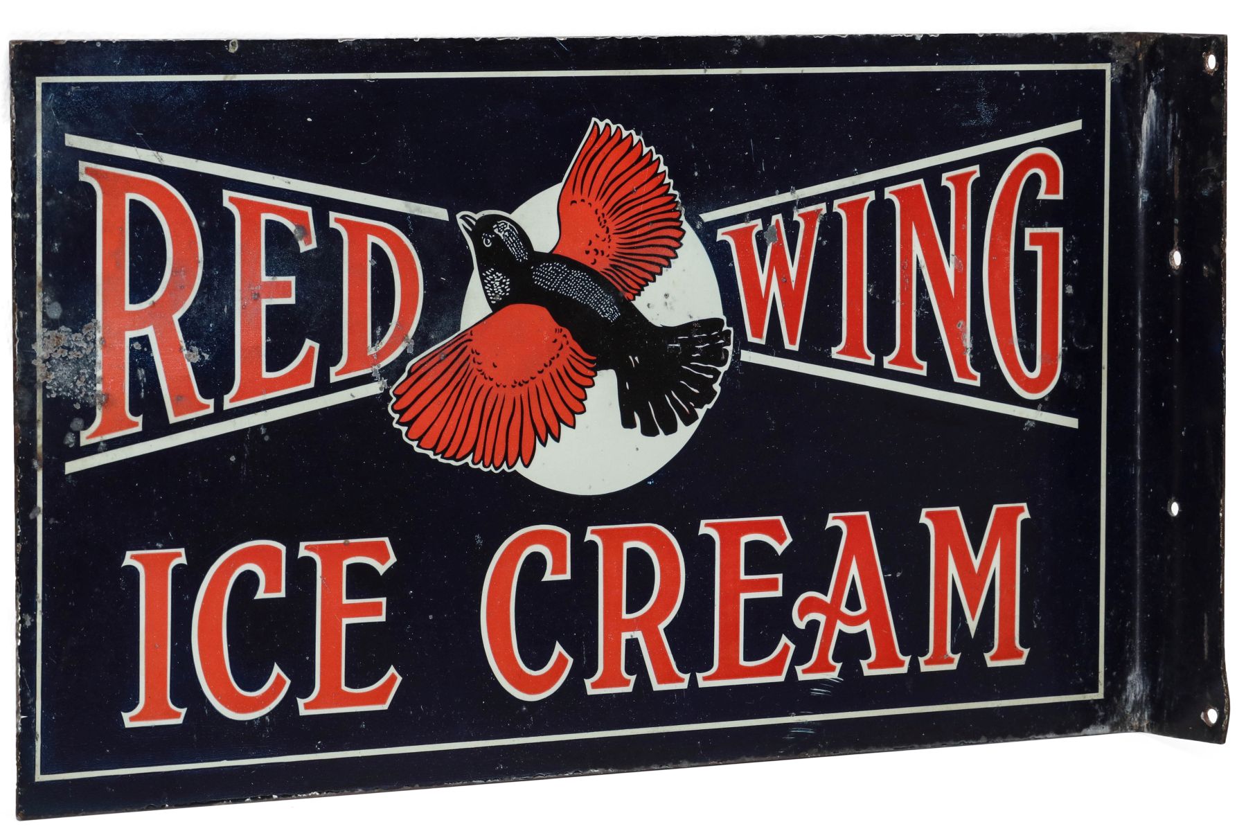 A PORCELAIN ENAMEL FLANGE SIGN FOR RED WING ICE CREAM