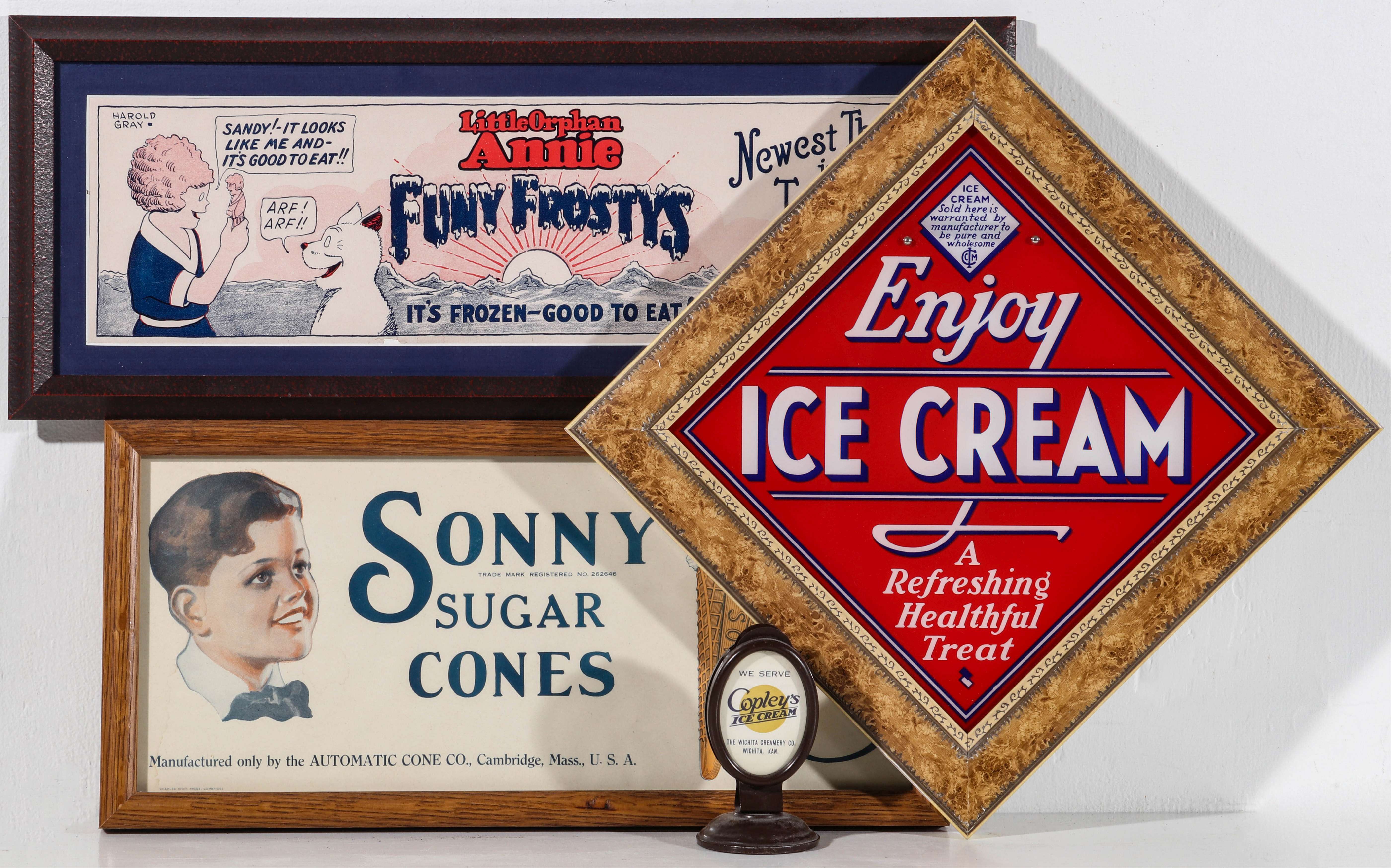 A GROUP OF ICE CREAM ADVERTISING PIECES 1930 TO 1960.