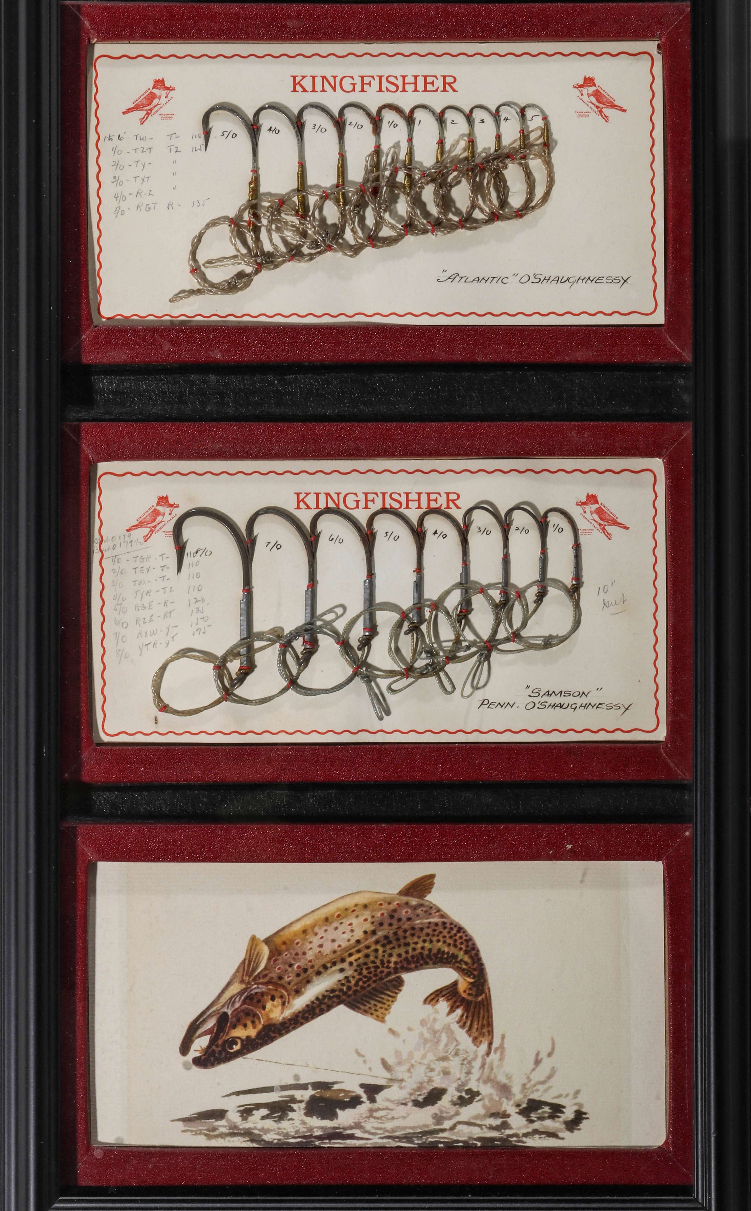 A FRAMED COLLECTION OF NEW-OLD-STOCK KINGFISHER HOOKS