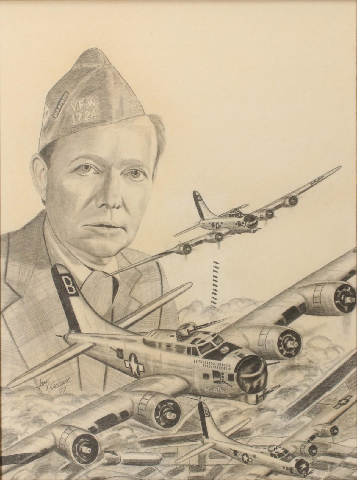 JACK GARDNER GRAPHITE ON PAPER DRAWING WWII PILOT