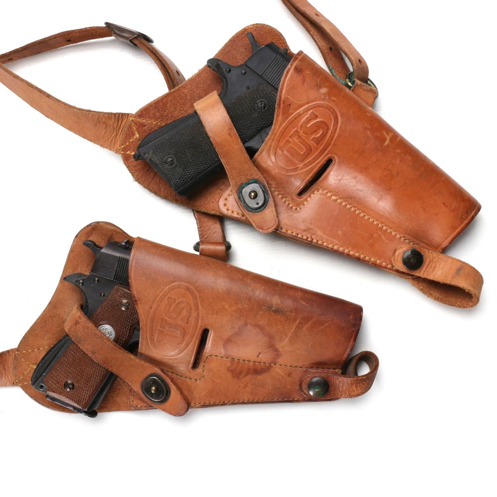 TWO US SHOULDER PISTOL HOLSTERS WITH TRAINING 45s