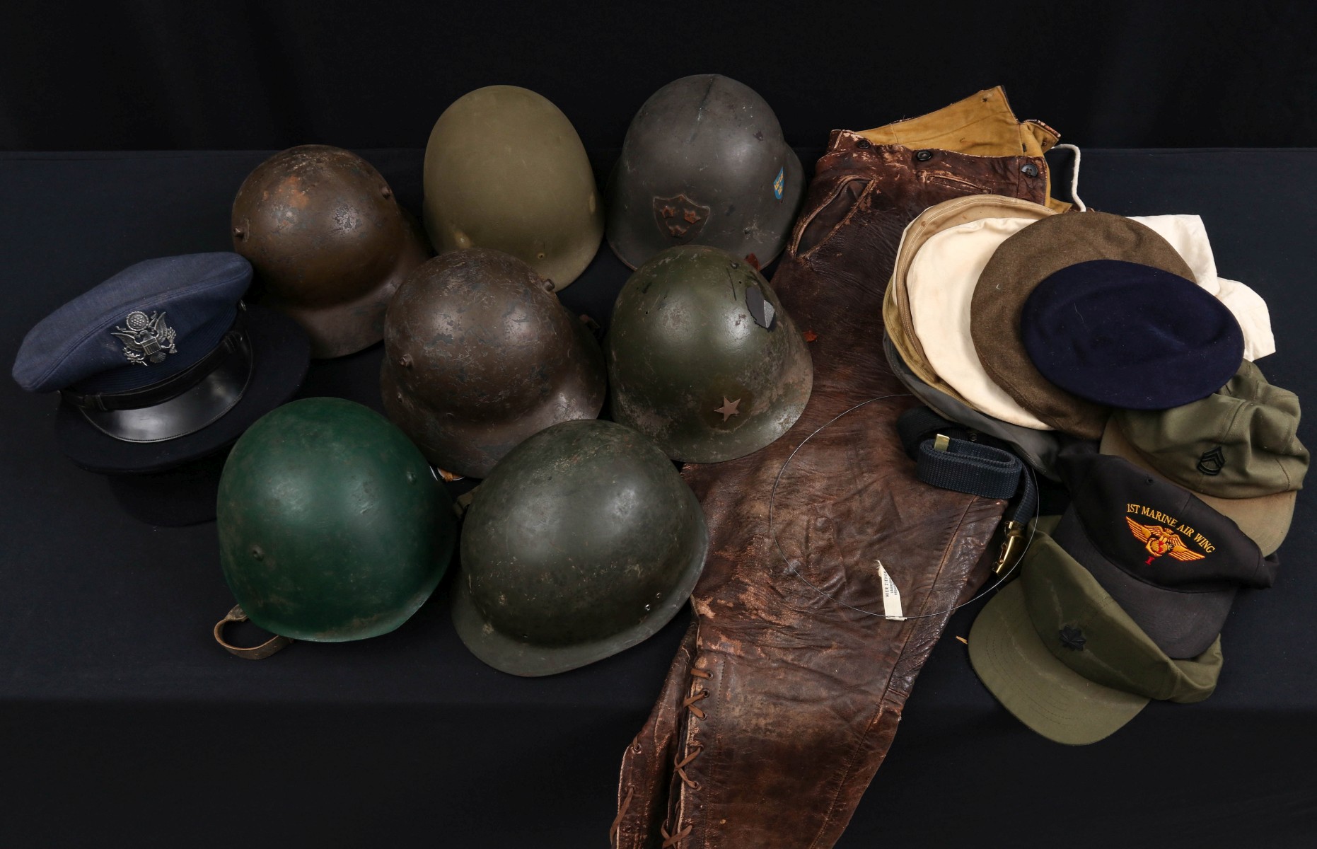 WWI LEATHER AVIATOR'S BREECHES, SEVEN HELMETS, MORE