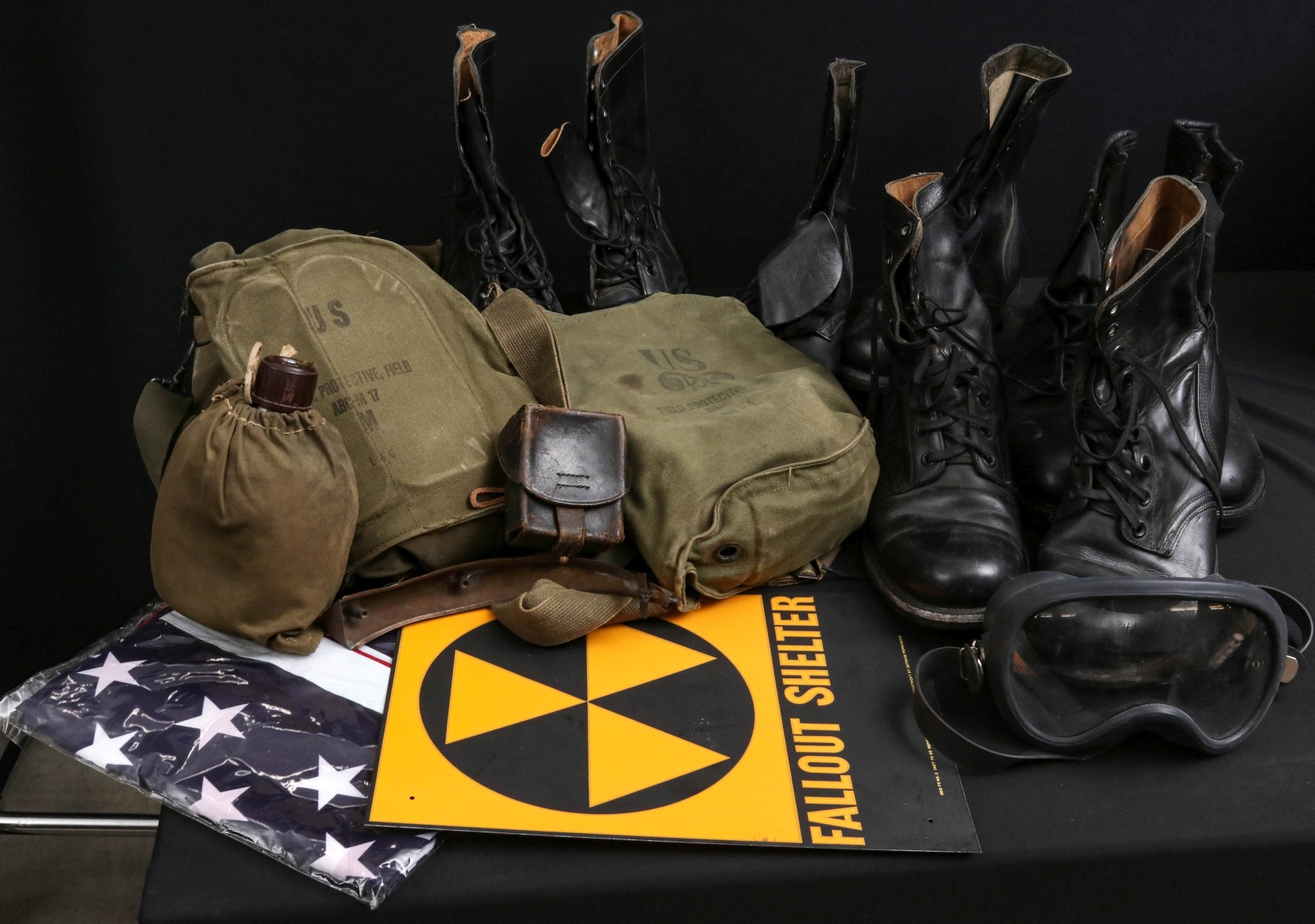 ARMY AIRBORNE BOOT PAIRS, FIELD MASKS VIET CONG CANTEEN