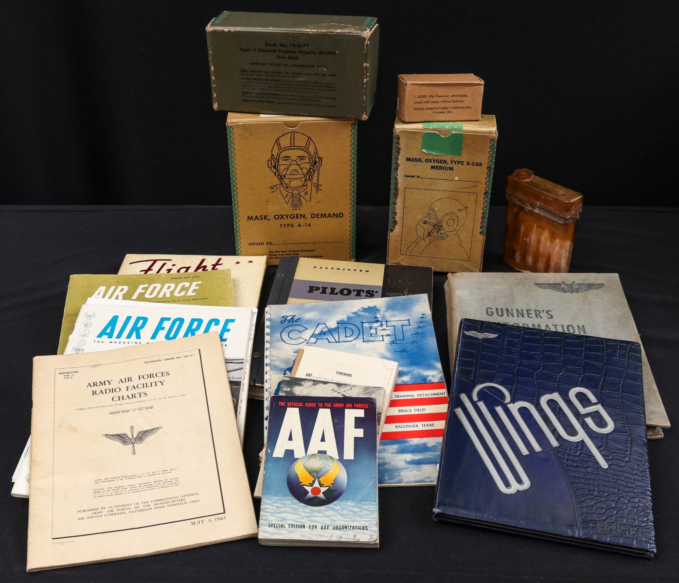 USAAF BOXED GOGGLES AND OXYGEN MASK, SURVIVAL FLASK ETC