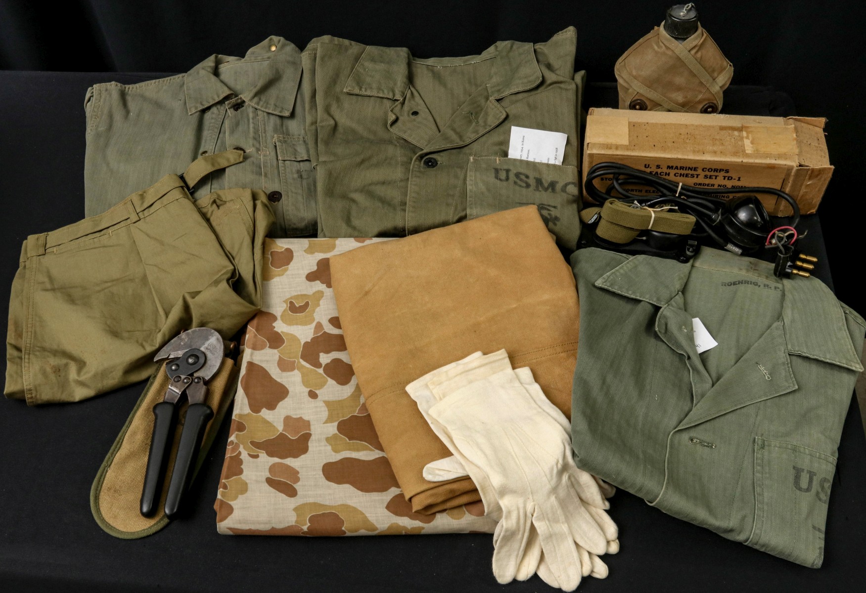 ASSORTED WWII USMC UNIFORMS, TELEPHONE, MUCH MORE