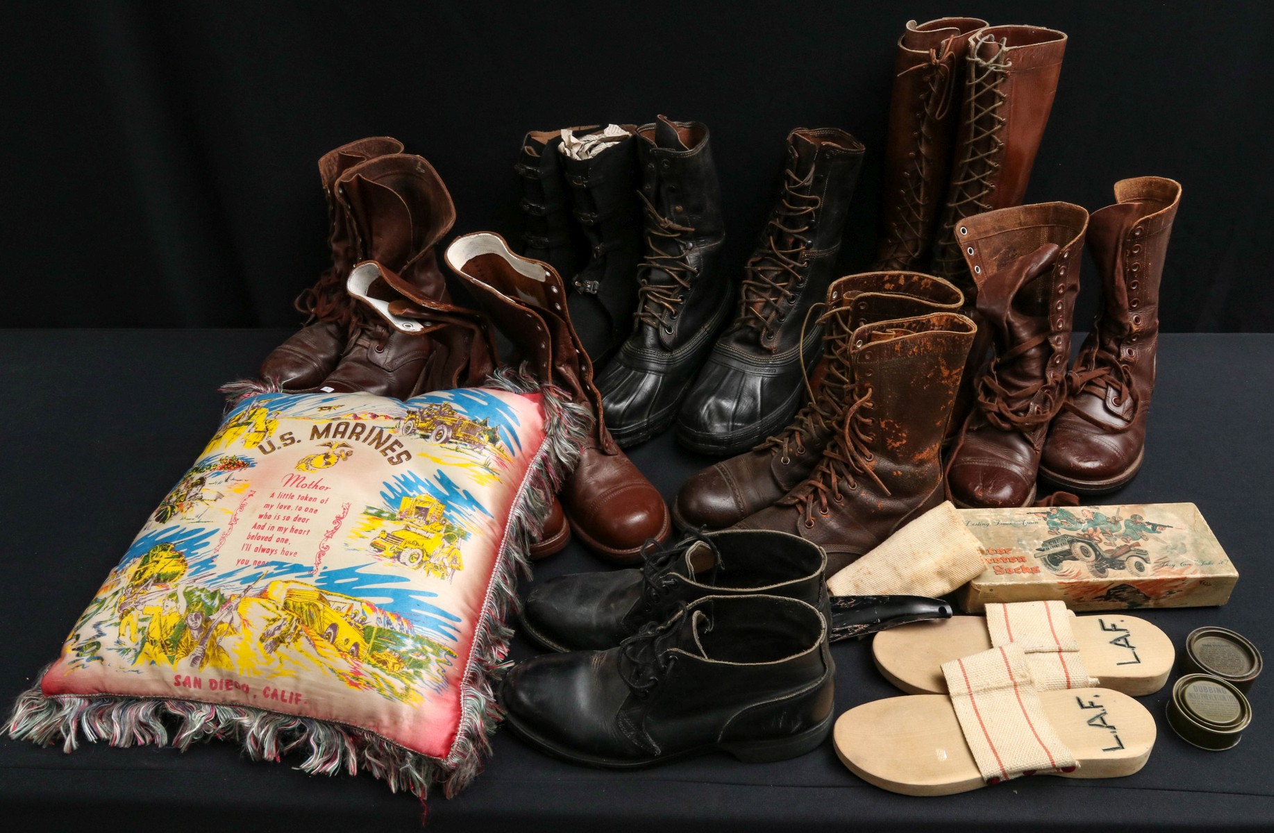 WWII SERVICE BOOTS, PILLOW SHAM AND MORE