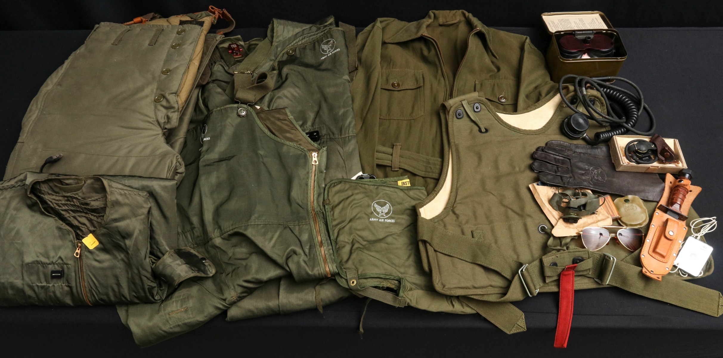 LARGE LOT OF USAAF HEATED SUIT, FLAK, GOGGLES, MIC MORE