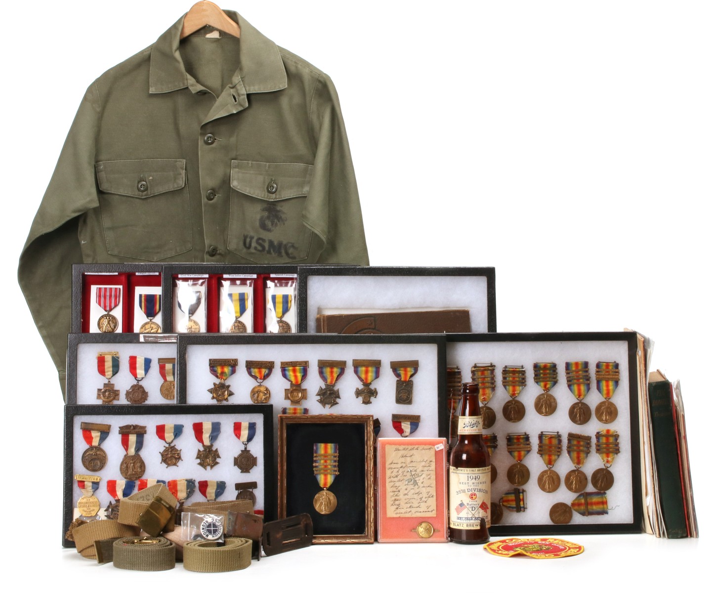 A LARGE COLLECTION OF WWI MEDALS W/BARS, MORE MILITARIA