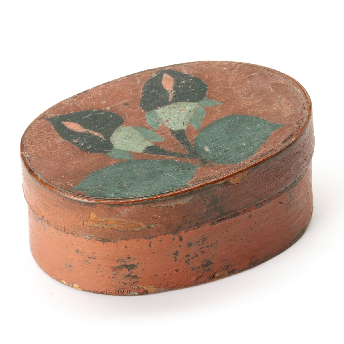 A DECORATED 19TH C. OVAL PANTRY BOX IN SALMON PAINT