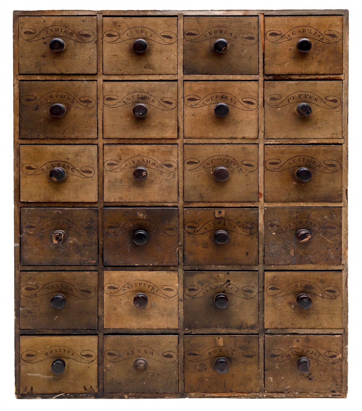 A 19TH CENTURY DECORATED MUSTARD PAINT APOTHECARY CHEST