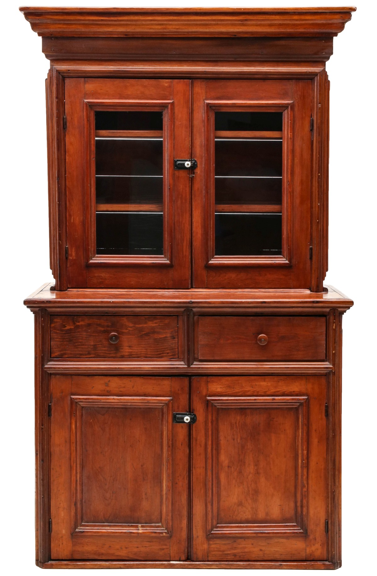 AN EARLY 20THC AMERICAN PANELED PINE STEP BACK CUPBOARD