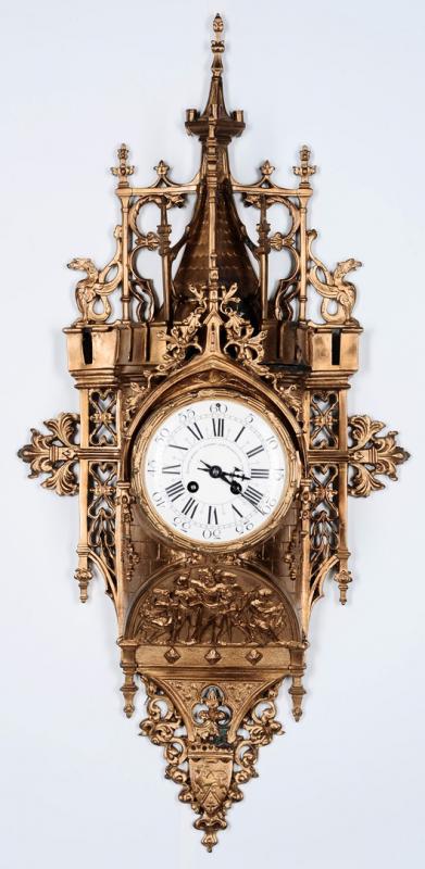 AN ORNATE GOTHIC 19TH C. FRENCH BRONZE CARTEL CLOCK