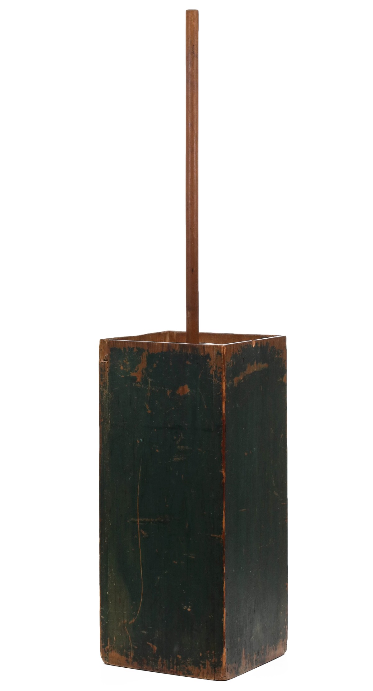 A TALL SQUARE PINE BUTTER CHURN IN ORIGINAL GREEN PAINT