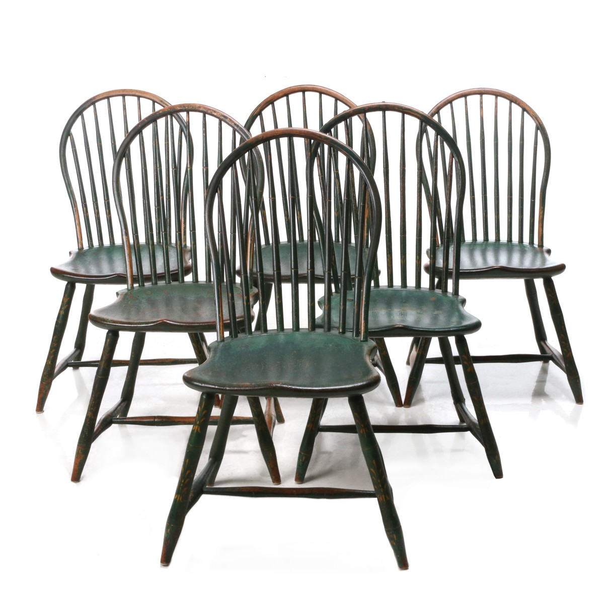 A VERY GOOD SET OF PAINT DECORATED 18C. WINDSOR CHAIRS