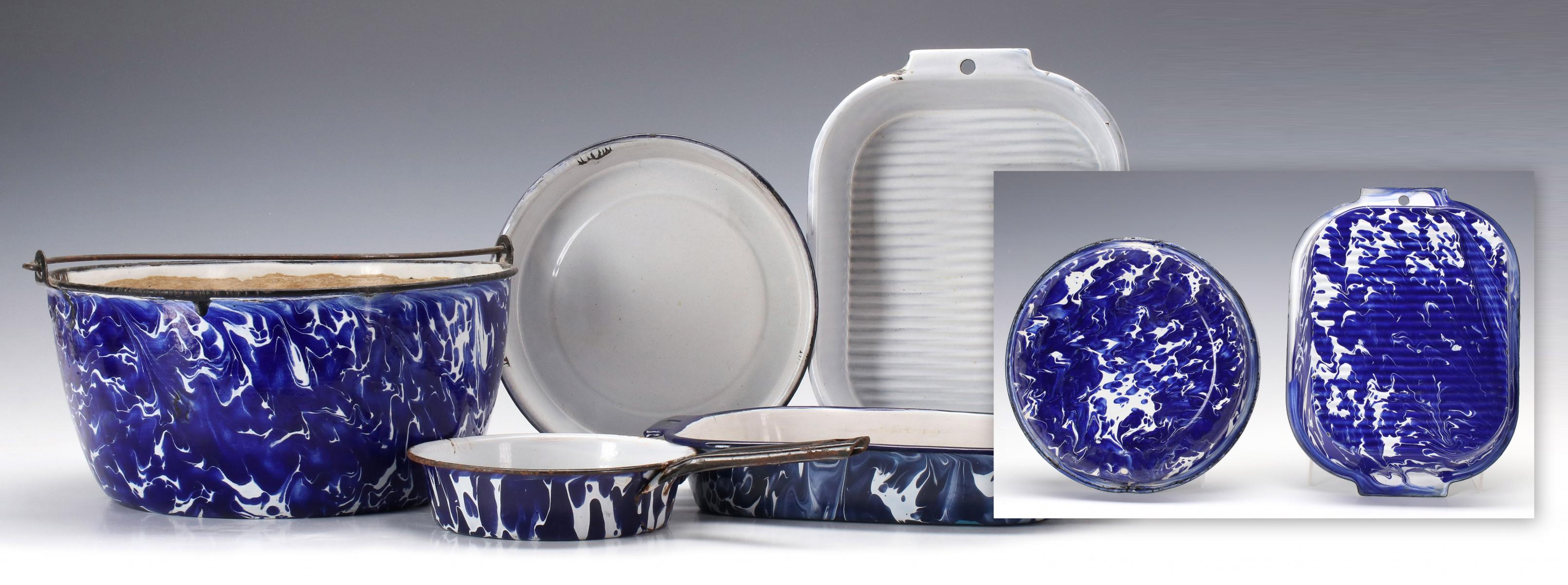 A COLLECTION OF BLUE SWIRL GRANITEWARE