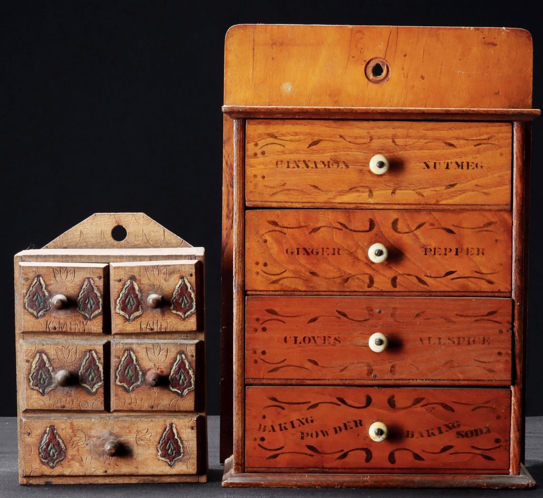 TWO UNUSUAL ANTIQUE MULTI-DRAWER SPICE CABINETS