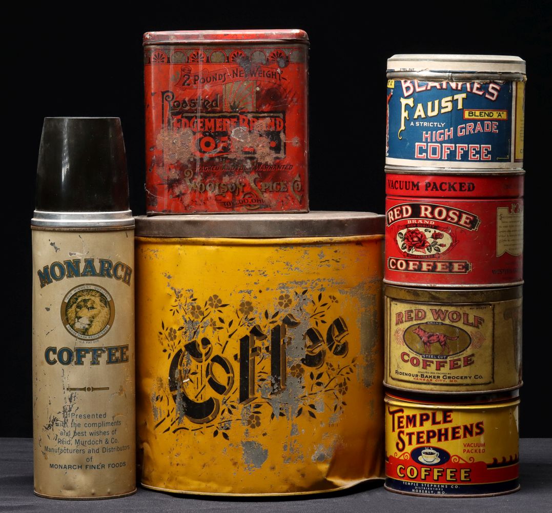A COLLECTION OF ANTIQUE TIN LITHO COFFEE TINS