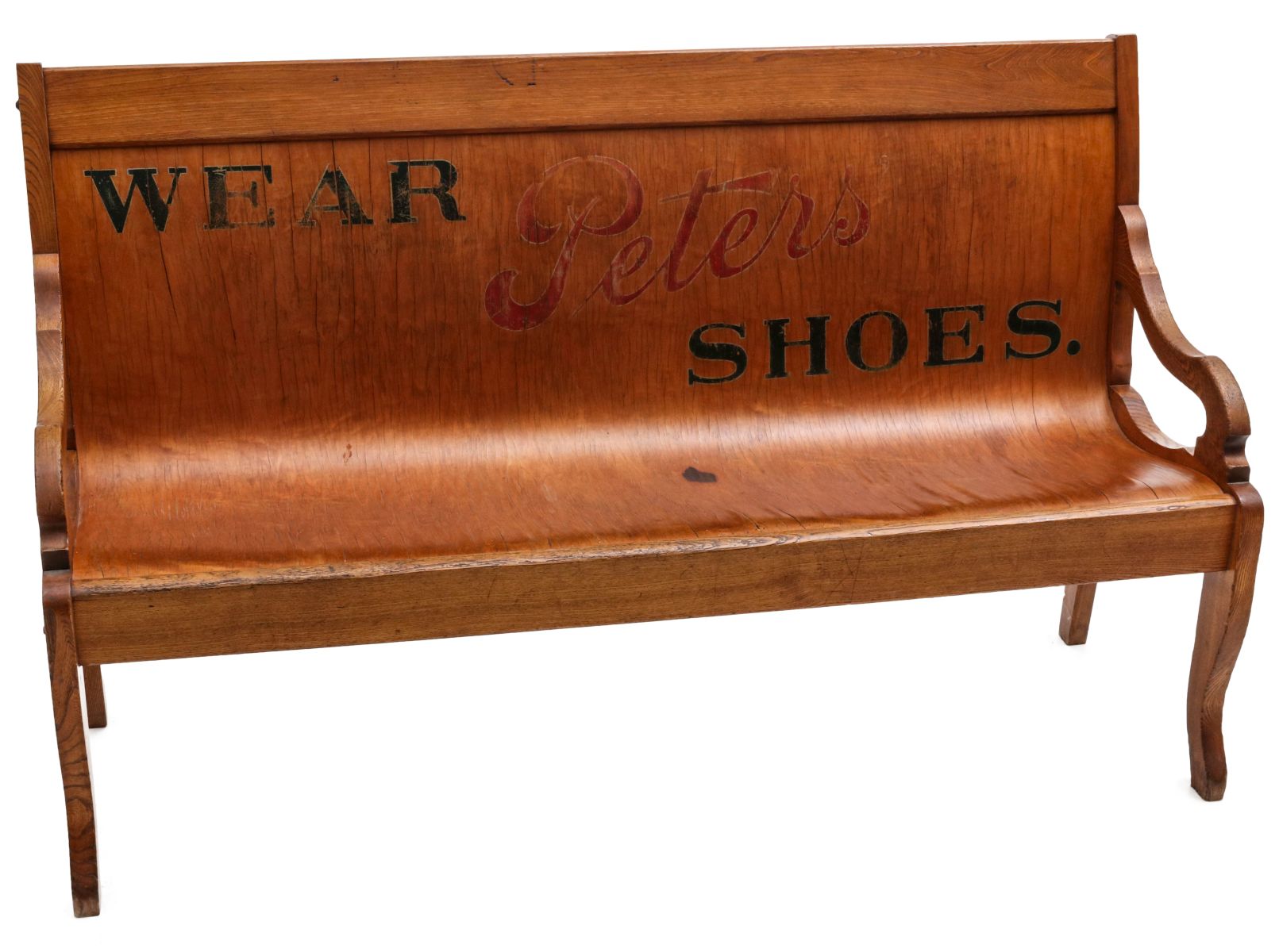 A PETERS SHOES BENTWOOD BENCH WITH ADVERTISING C. 1920