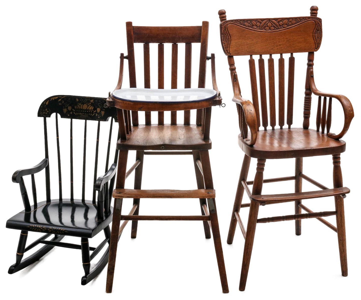 ANTIQUE HIGH CHAIRS AND VINTAGE CHILD'S ROCKING CHAIR