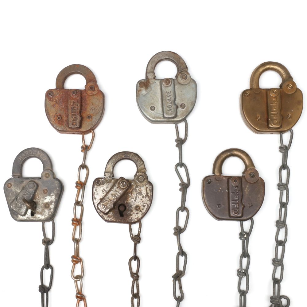SIX PADLOCKS STAMPED FOR FOUR DIFFERENT RAILROADS