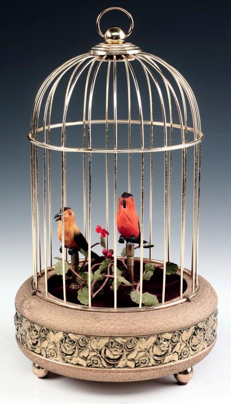 20TH C. SINGING BIRD MUSIC BOX - TWO AUTOMATON BIRDS