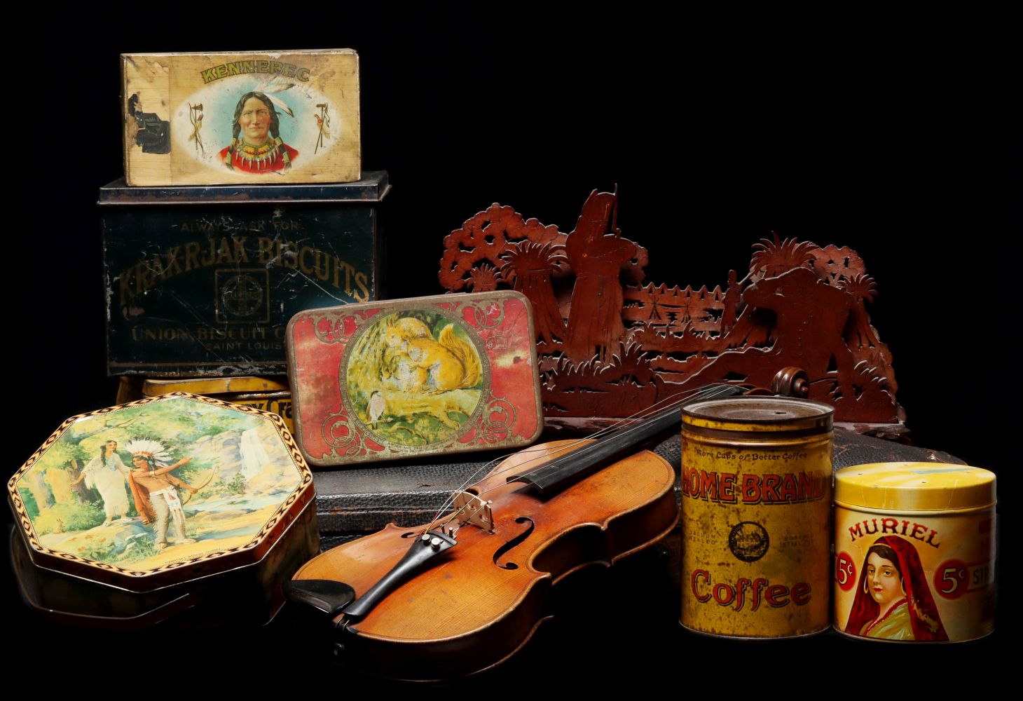 MIXED LOT OF ANTIQUE TINS, VIOLIN, AND MORE
