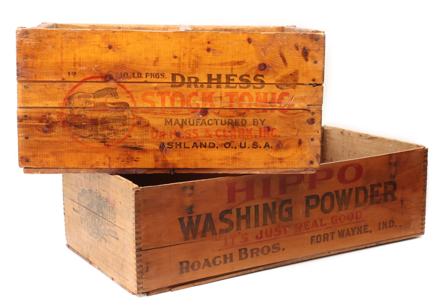 TWO COUNTRY STORE ADVERTISING CRATES WITH ADVERTISING