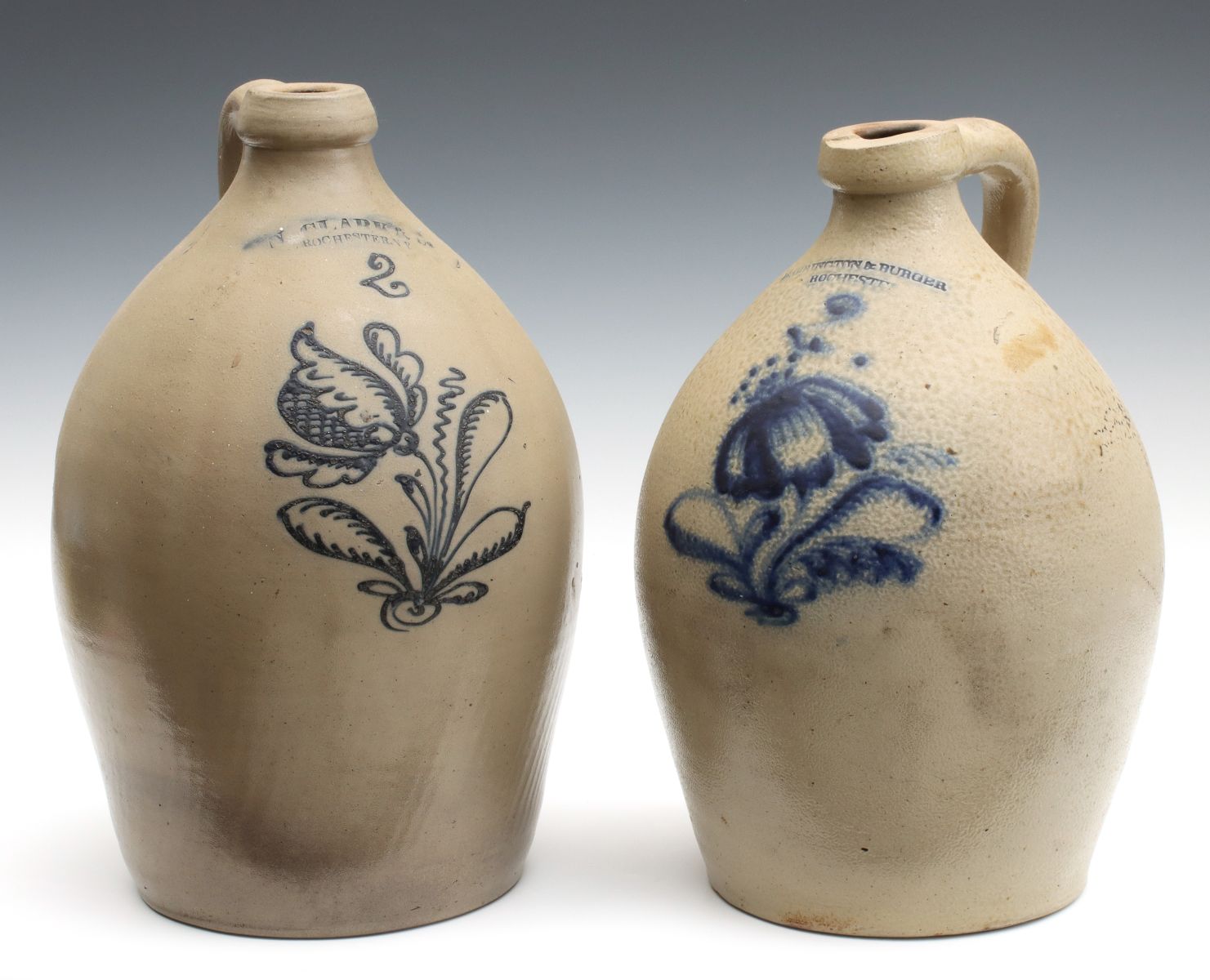 TWO 19TH C. NEW YORK BLUE DECORATED STONEWARE JUGS