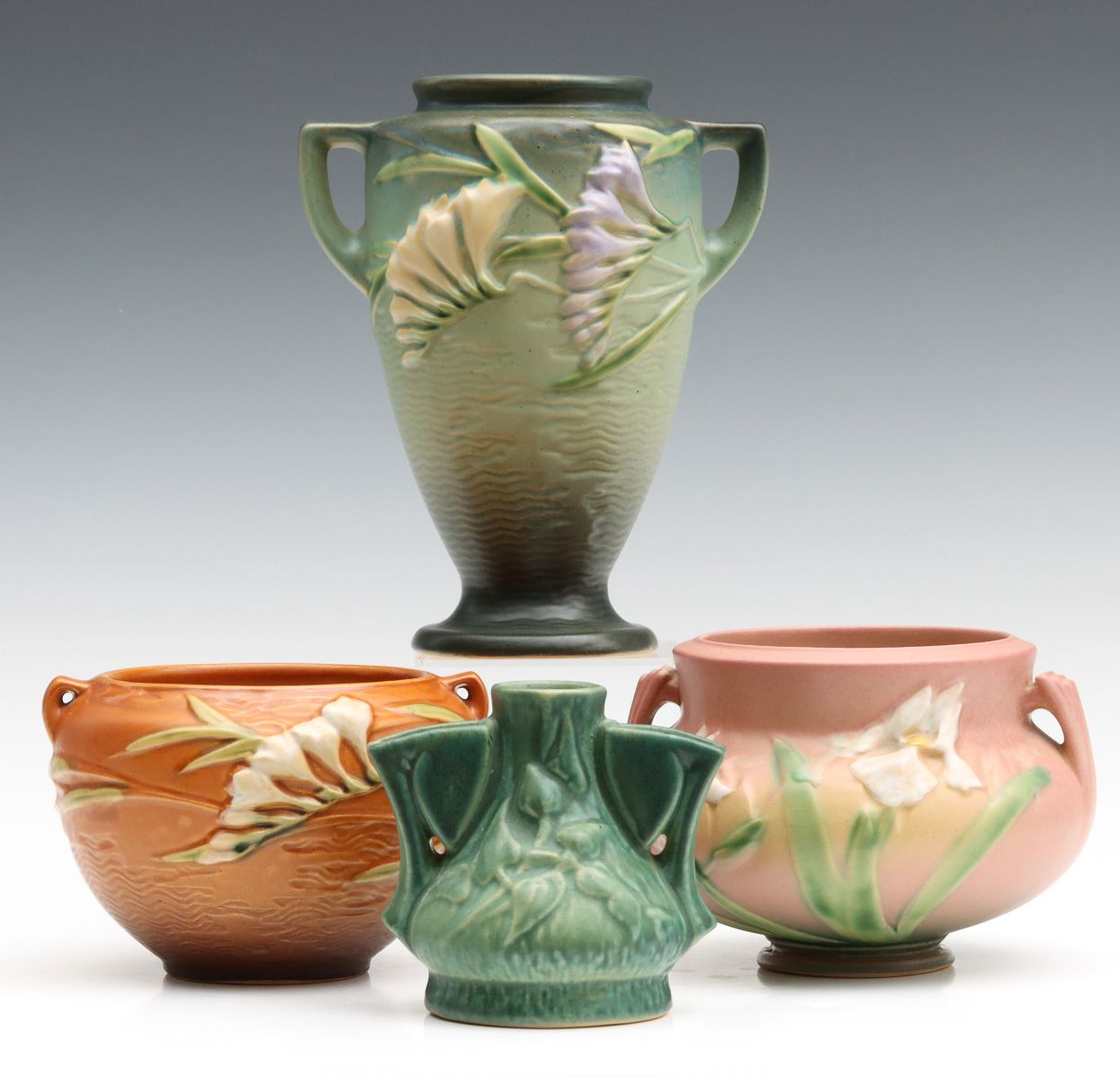 ROSEVILLE FREESIA, IRIS AND CLEMATIS ART POTTERY VASES