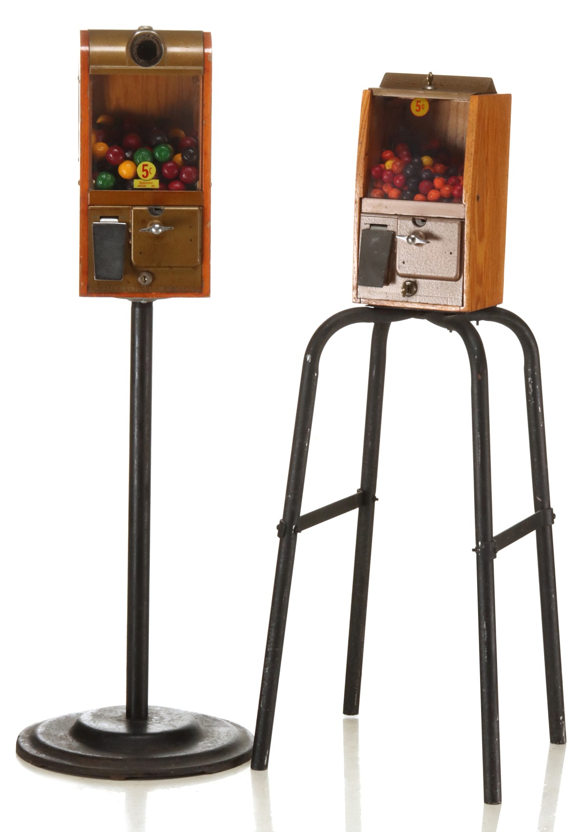 TWO VICTOR 'BABY GRAND' OAK CASE GUMBALL MACHINES