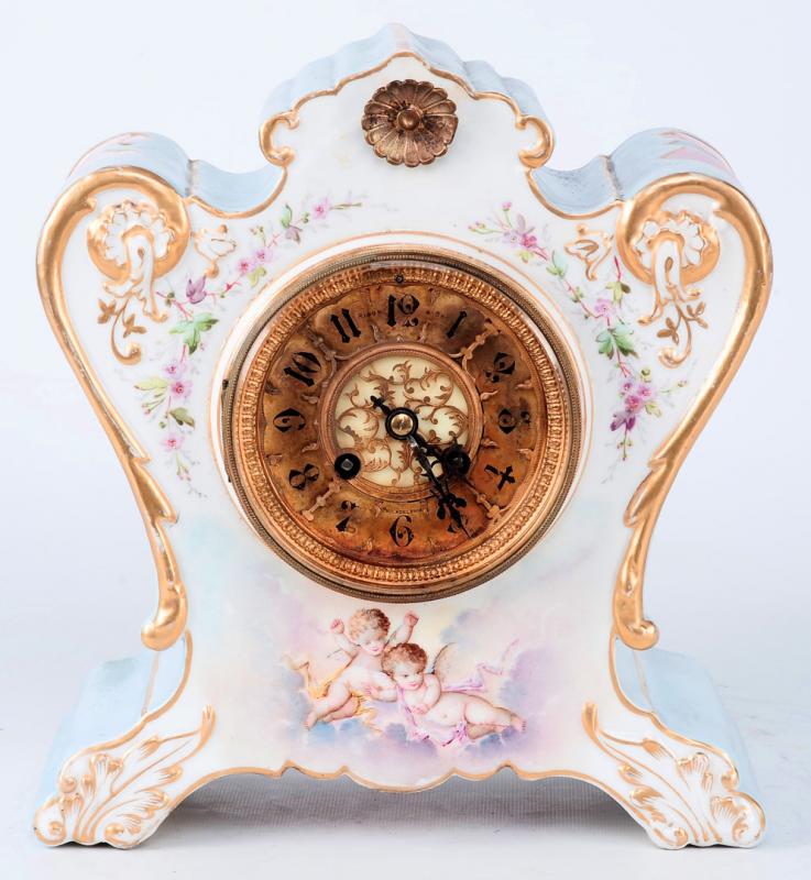 A PRETTY FRENCH CHINA CASE CLOCK WITH JAPY FRERES MOVEMENT