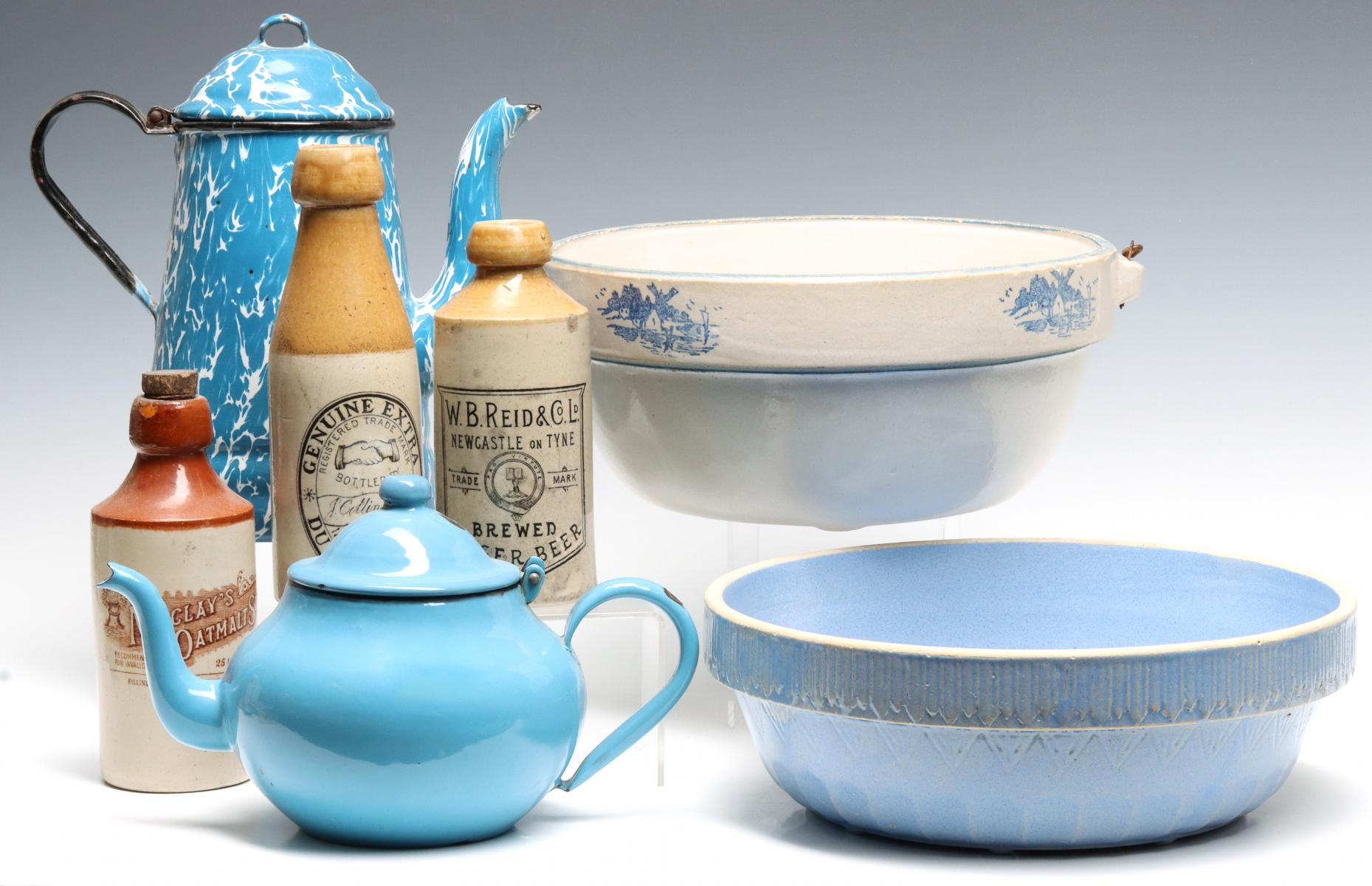 STONEWARE BOWLS AND BOTTLES WITH BLUE GRANITE WARE