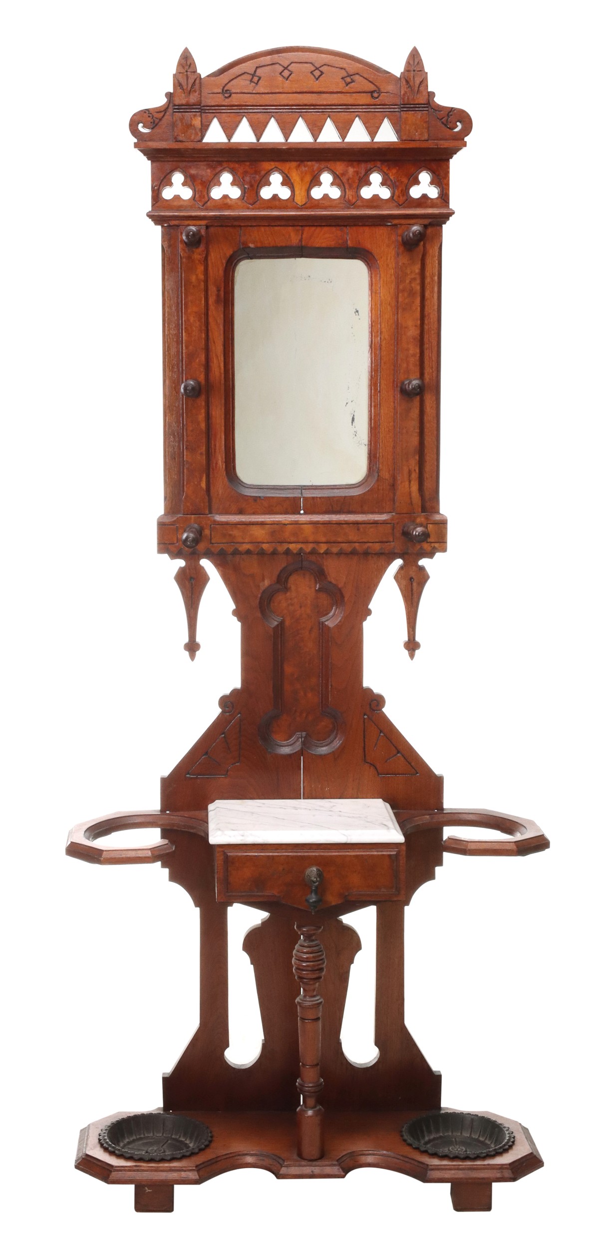 A 19TH C. AMERICAN WALNUT HALL TREE WITH GOTHIC ELEMENT