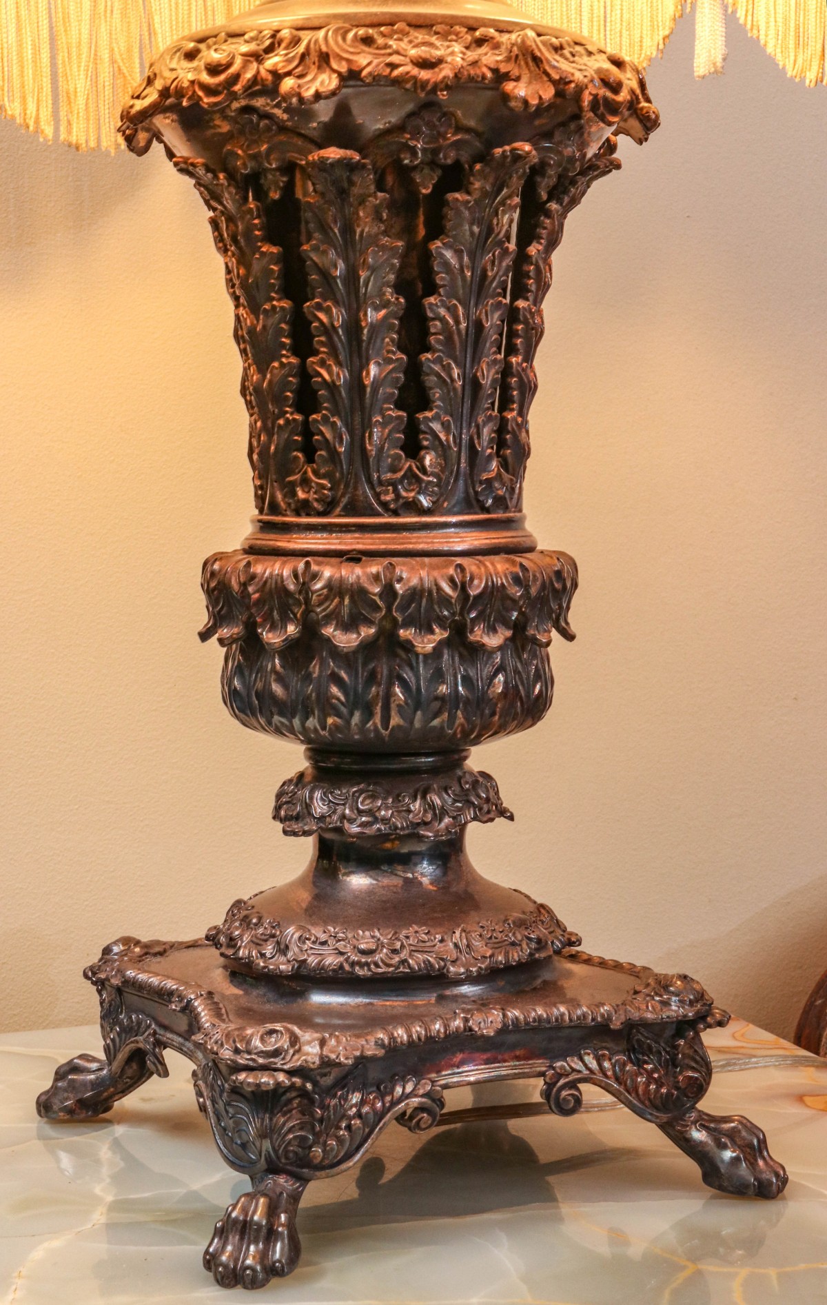 A SEMI-ANTIQUE SILVER PLATED GARNITURE NOW A TABLE LAMP