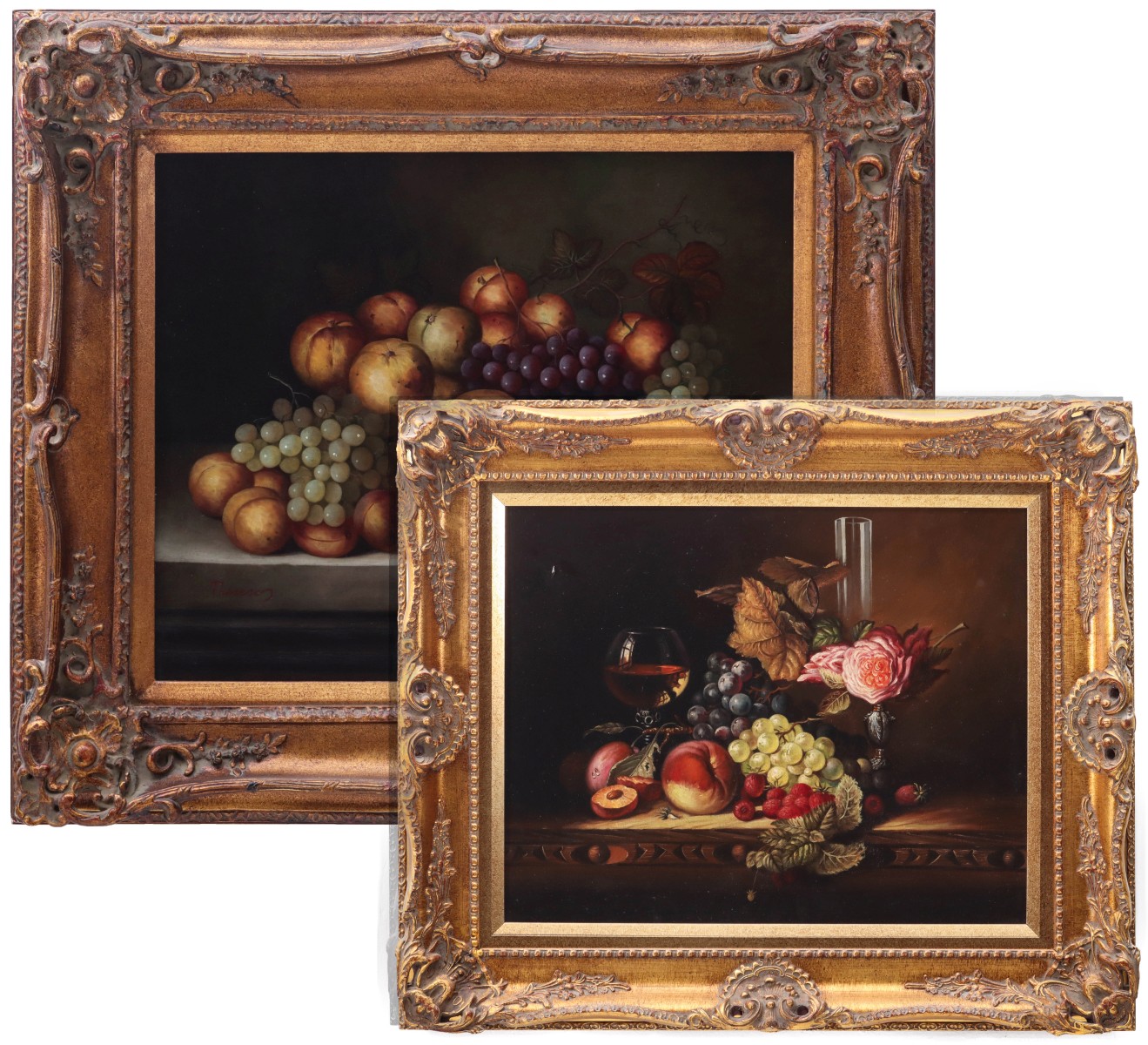 TWO LATE 20TH CENTURY FRUIT STILL LIFE IMAGES ON CANVAS