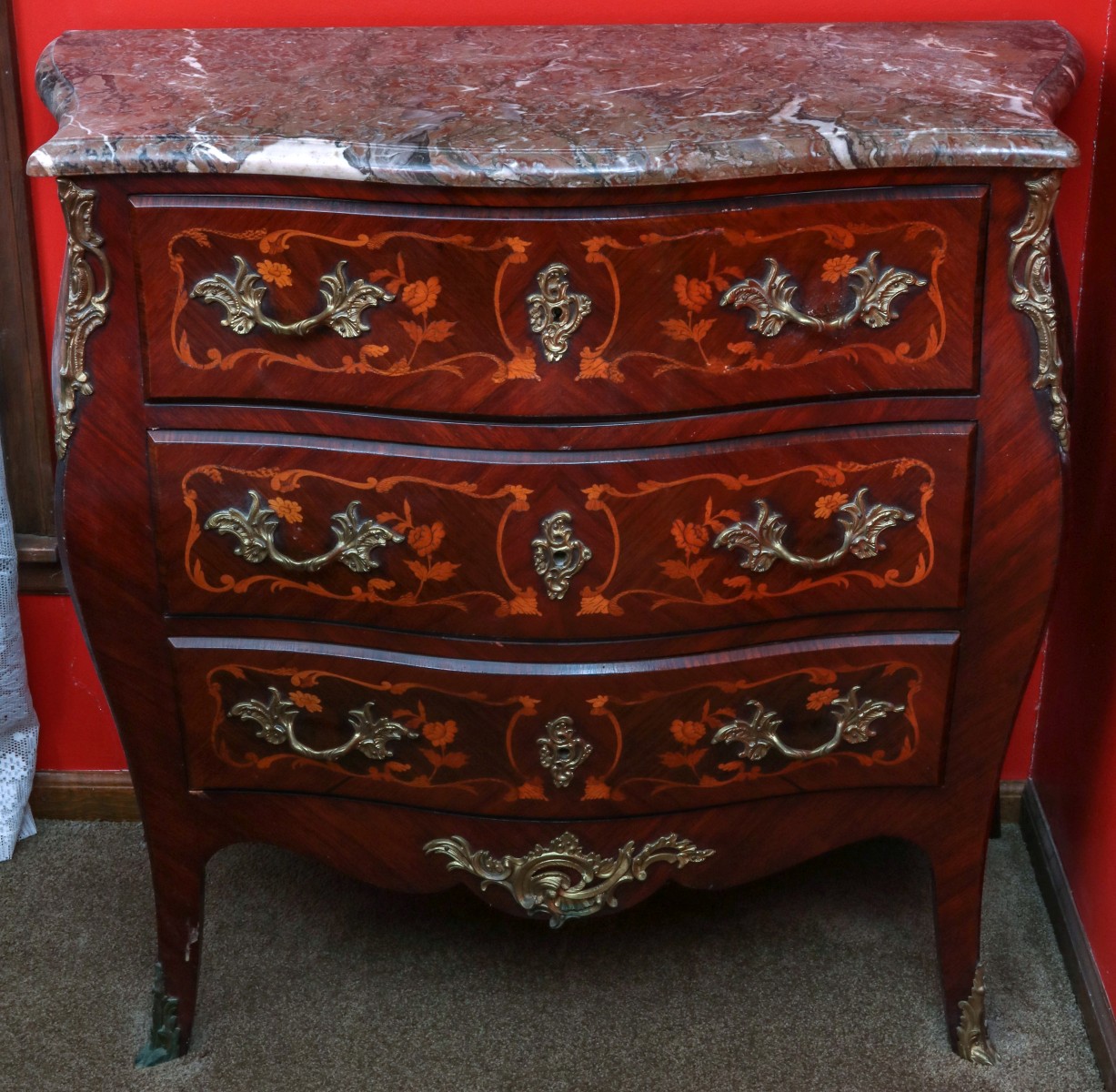 A LATE 20TH CENTURY FRENCH STYLE MARQUETRY BOMBE CHEST
