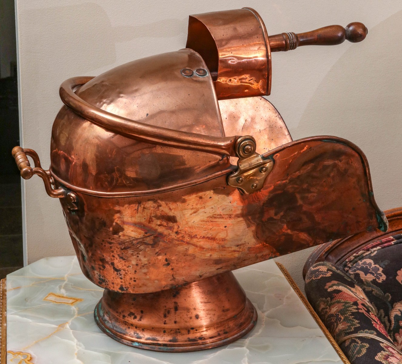 A 19TH CENTURY COPPER COAL SCUTTLE WITH MATCHED SHOVEL